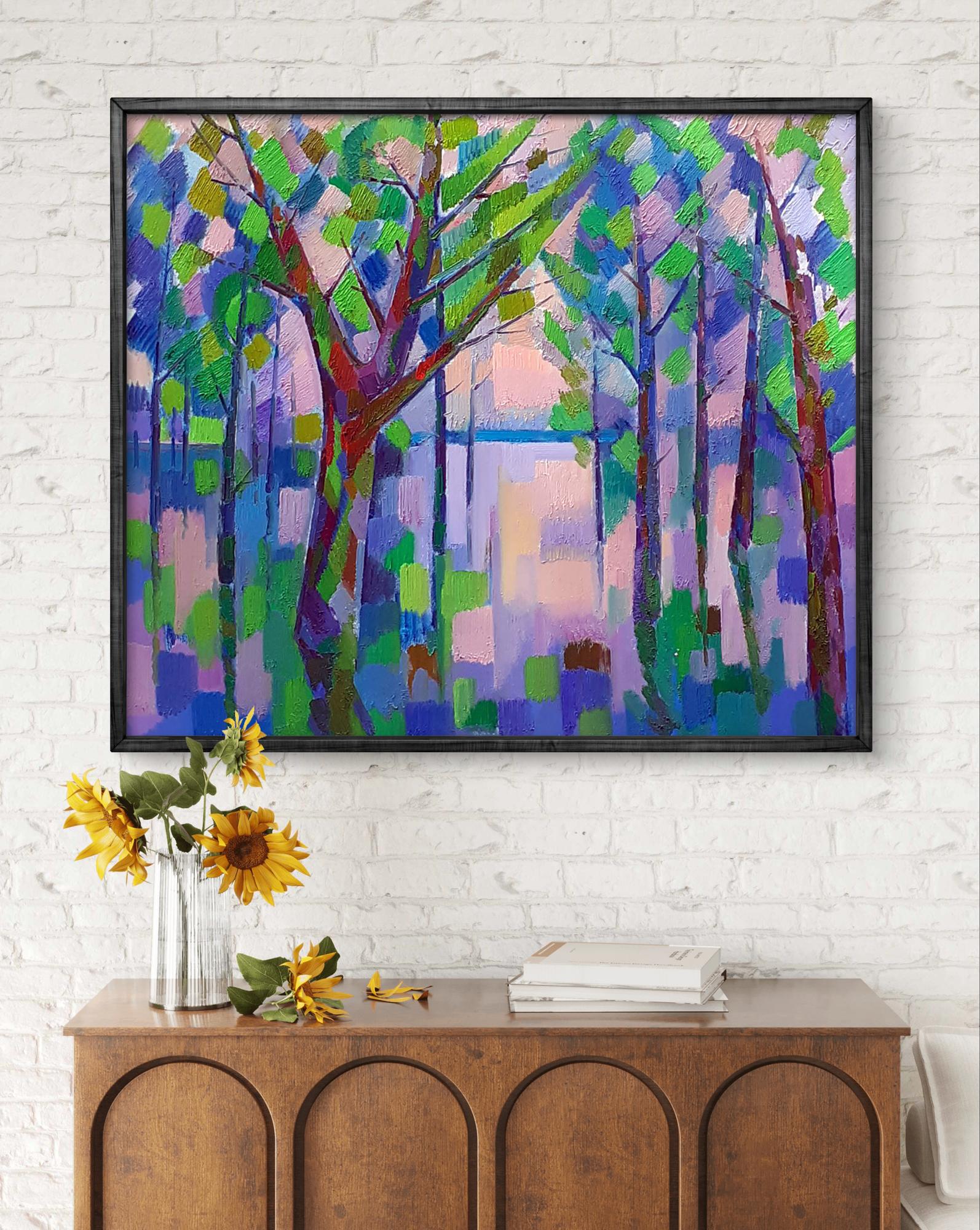 Oil painting Flood by Peter Dobrev: vibrant abstract forest in black frame