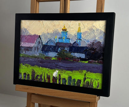 Vibrant impressionist oil painting by Boris Serdyuk: village with blue domes in black frame