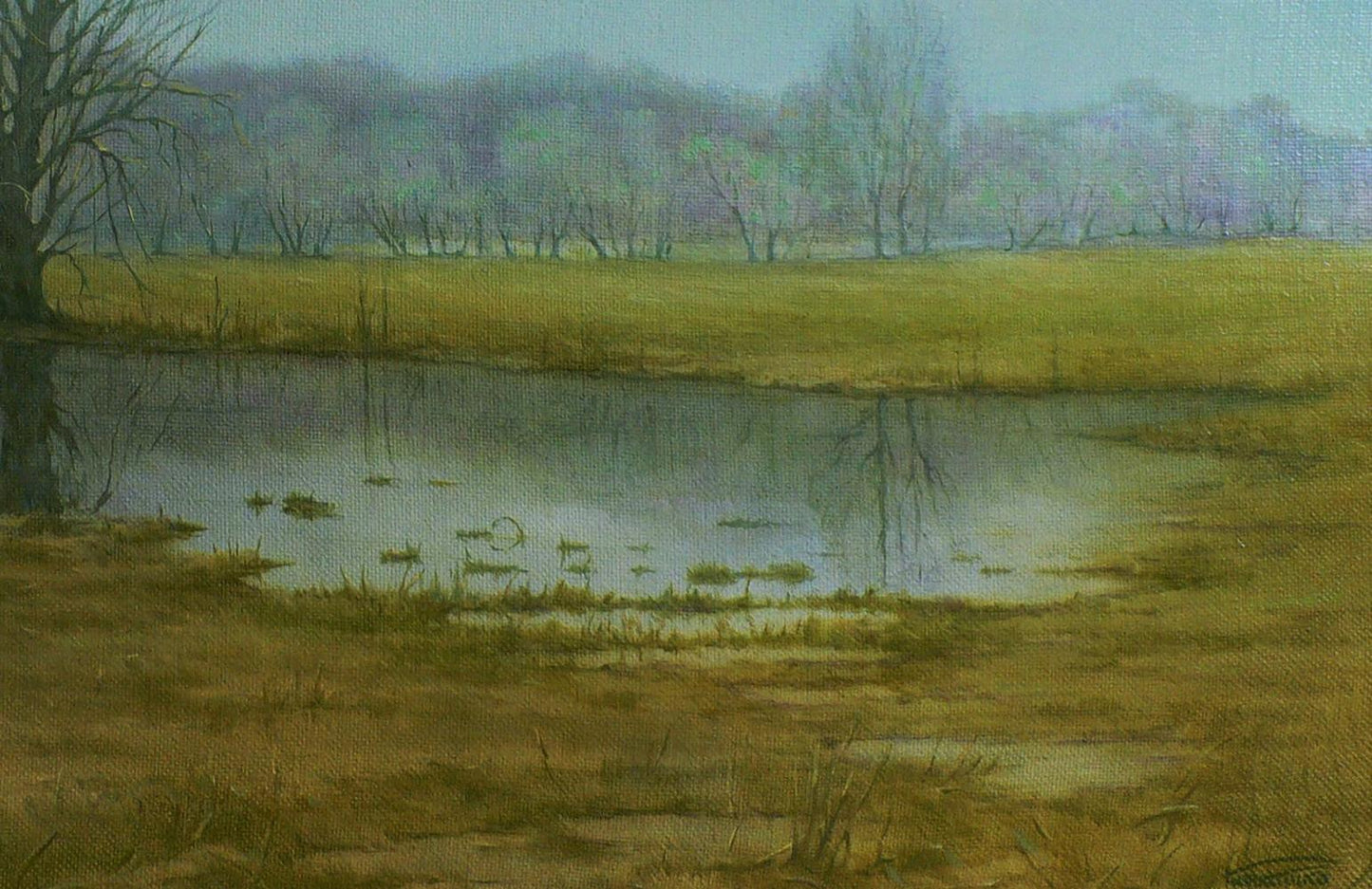 Oil painting Autumn swamp by Vasily Korkishko: serene pond in fields