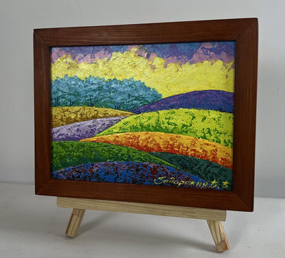 Vibrant fiery sky over green forest oil painting by V. Zadorozhnya in brown frame