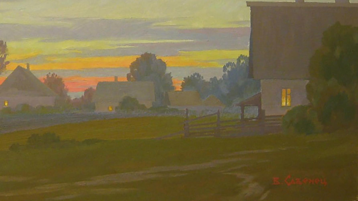 Oil painting August evening by Valery Savenets: serene sunset countryside
