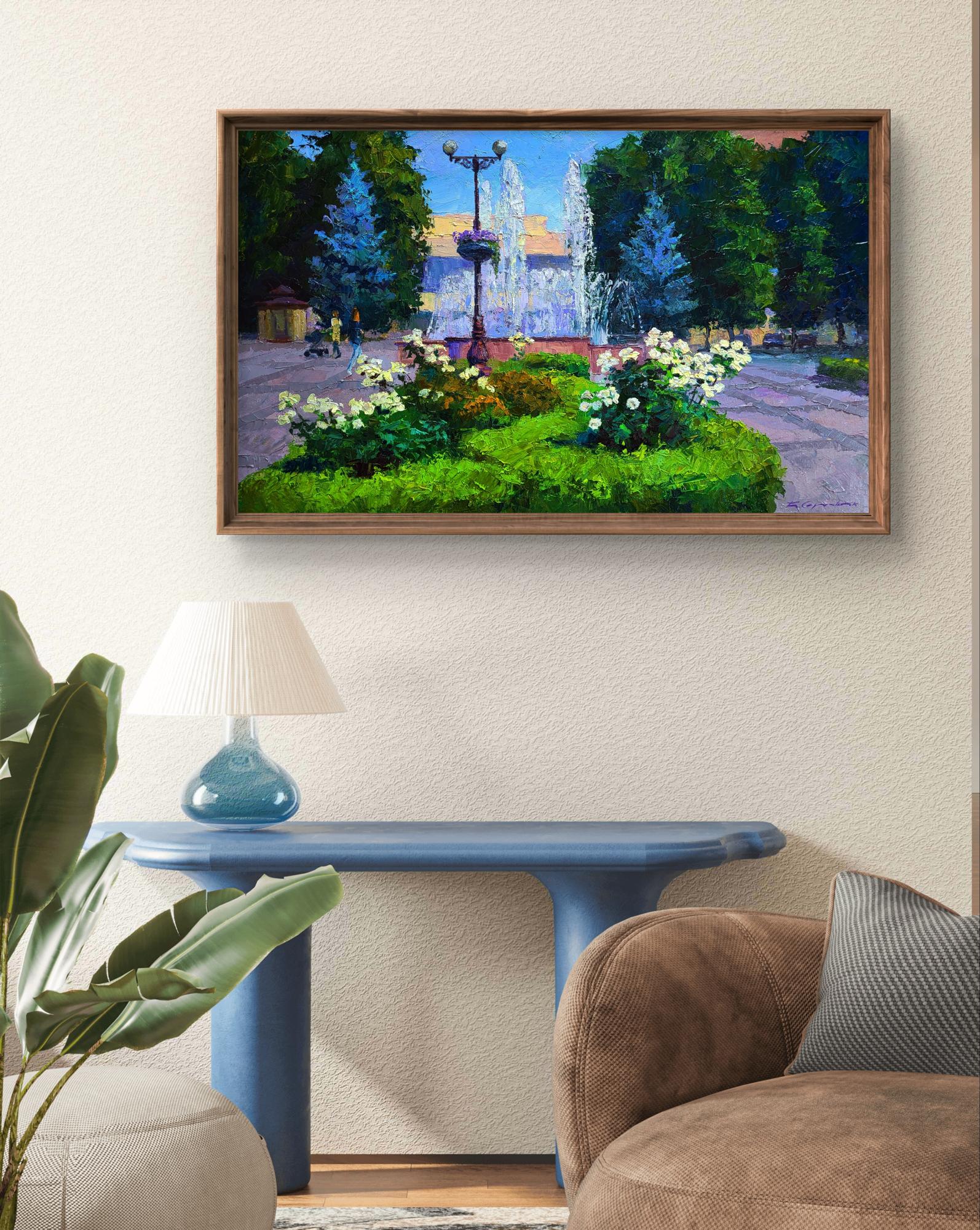 Oil painting of city square with fountains by Boris Serdyuk in frame
