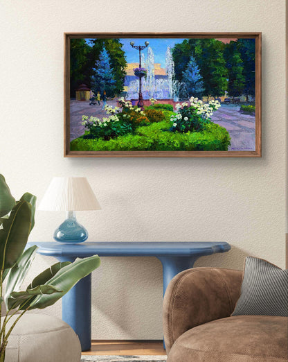 Oil painting of city square with fountains by Boris Serdyuk in frame