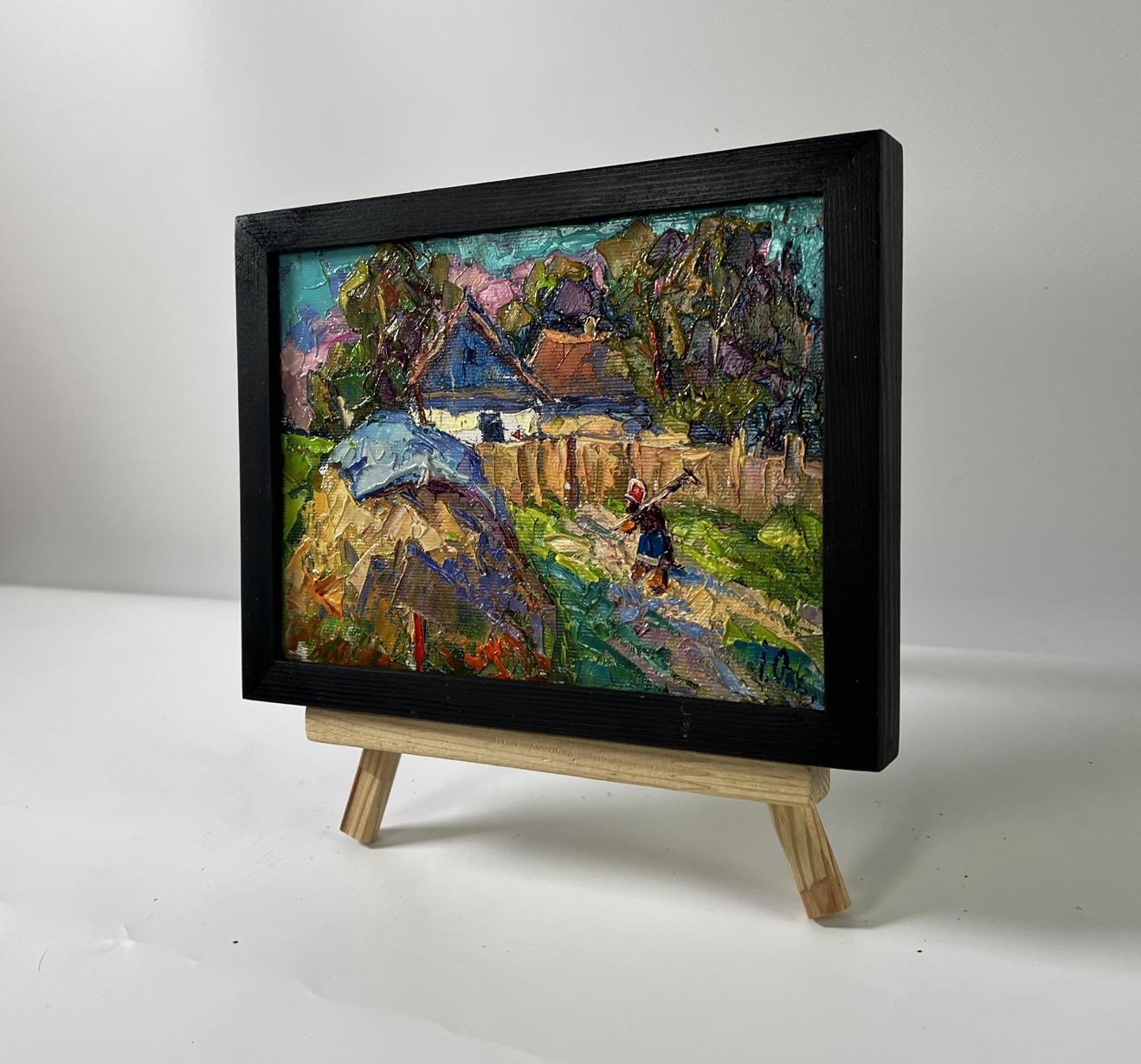 Oil painting Summer village day by Oksana Ivanyuk in black frame on easel