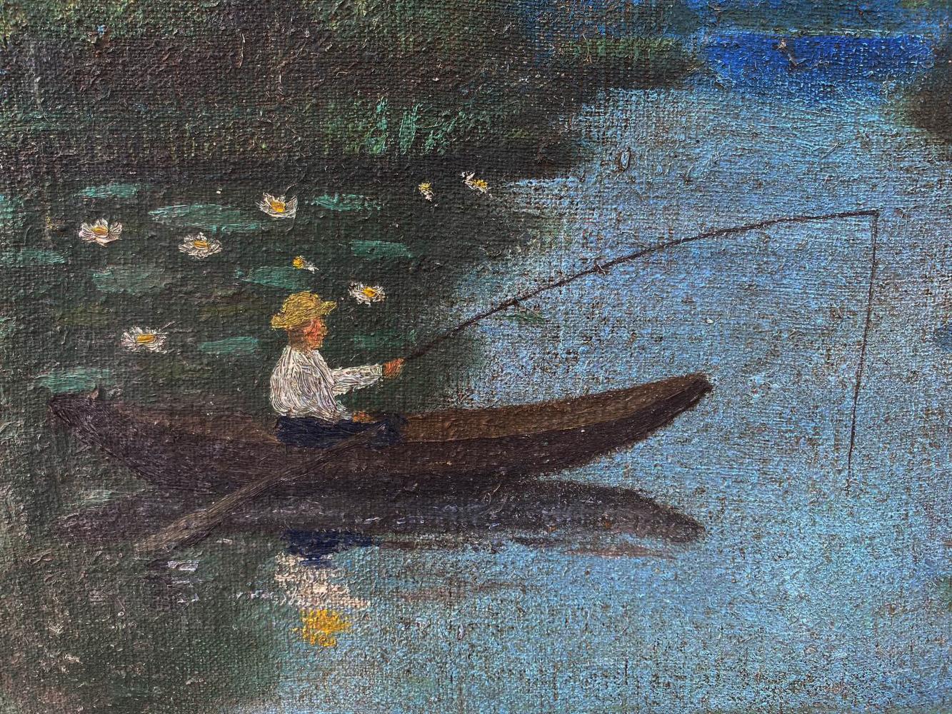 Oil painting of fisherman in straw hat rowing village river with lilies