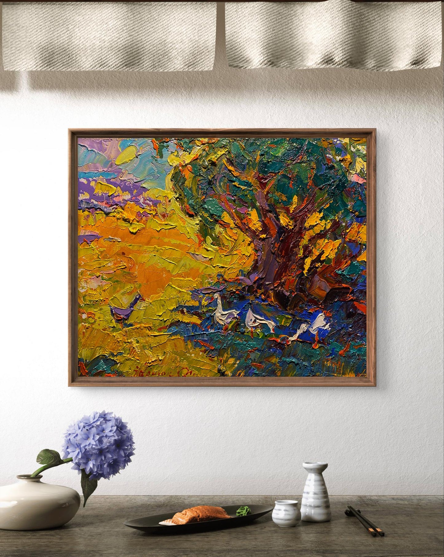 Oil painting Geese in the shade of willows by Oleksiy Ivanyuk in wooden frame