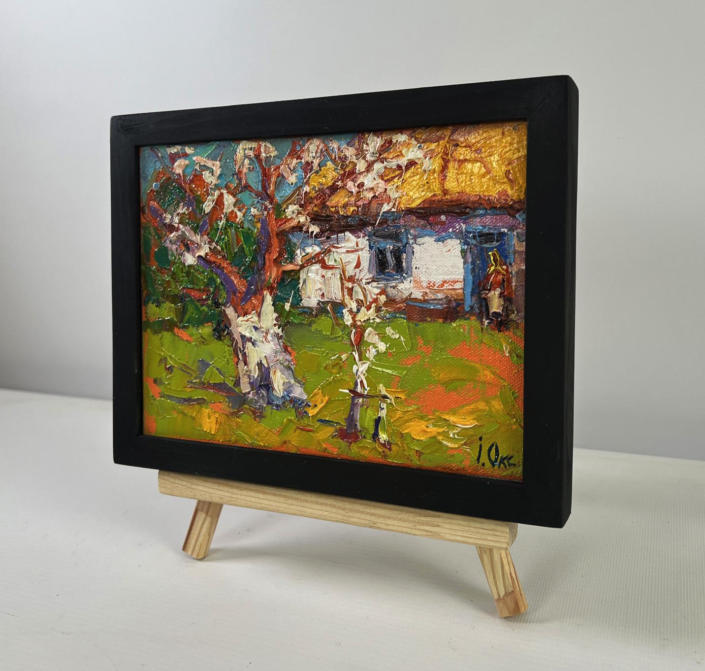Oil painting Quiet Comfort Beneath the Spreading Tree by Oksana Ivanyuk in black frame