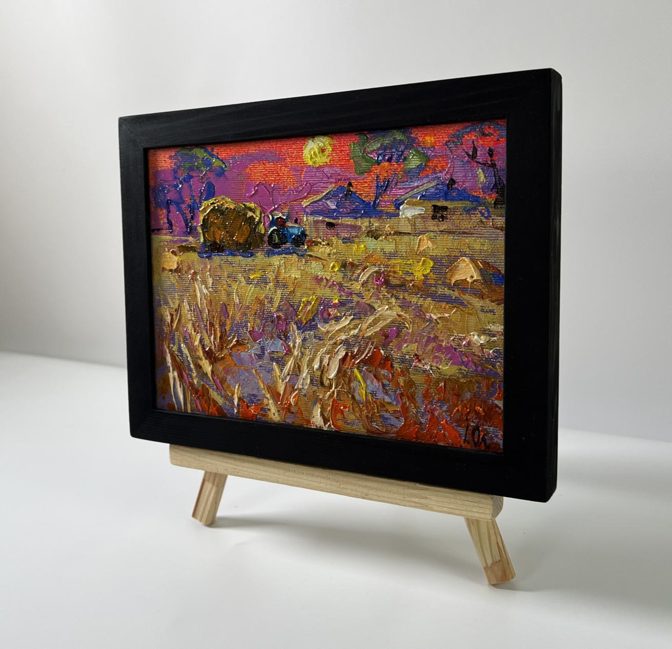 Oil painting Evening village by Oleksiy Ivanyuk in black frame