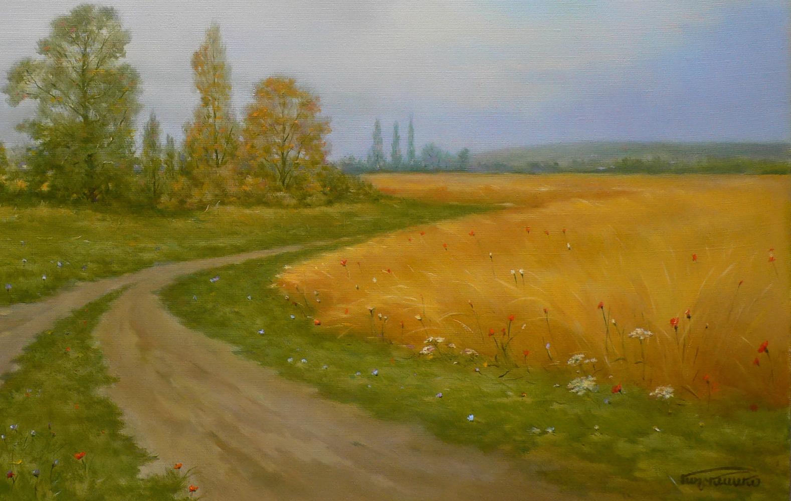 Oil painting Road under the Clouds by Vasily Korkishko serene path in fields