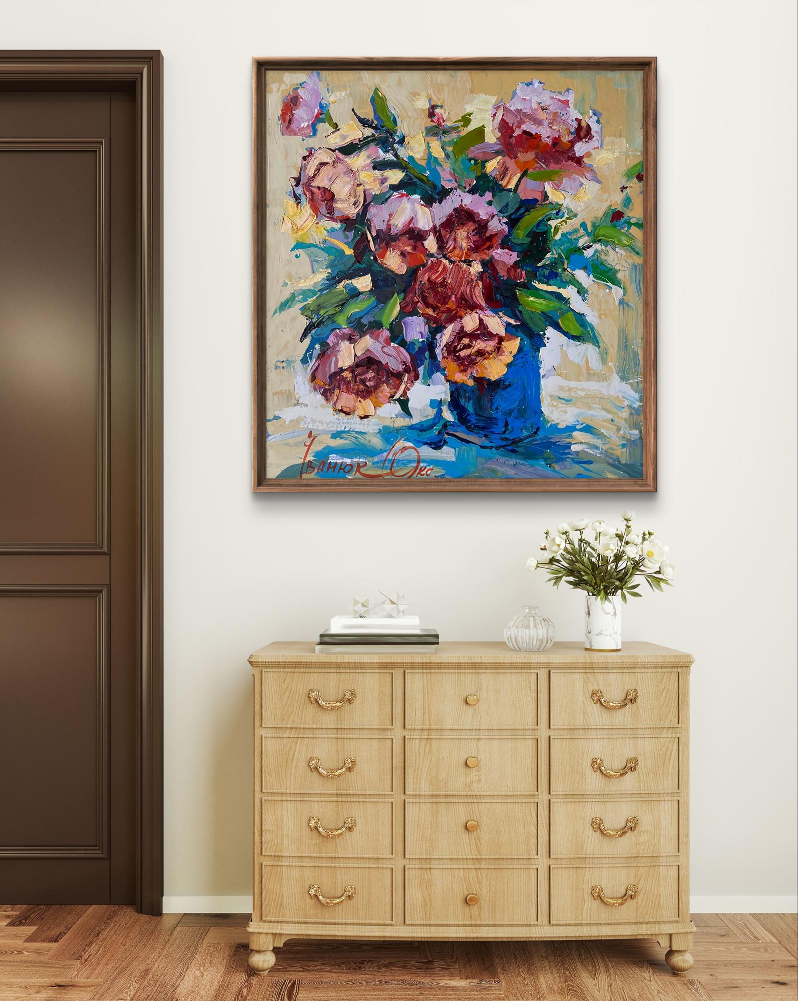 Vibrant impressionist oil painting of peony bouquet in blue vase by Oksana Ivanyuk