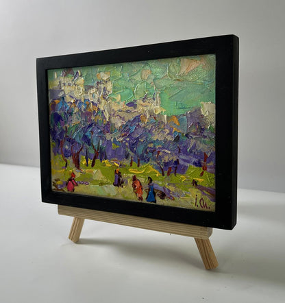 Oil painting Morning in the city park by Oleksiy Ivanyuk in black frame