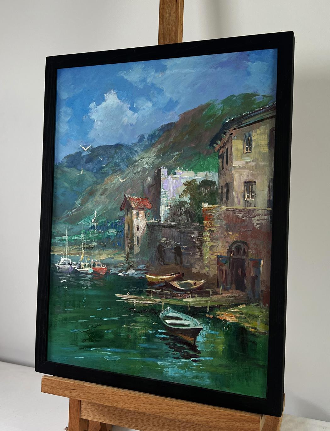 Oil painting Coast with quiet houses by Yuriy Suprunchuk, coastal village scene