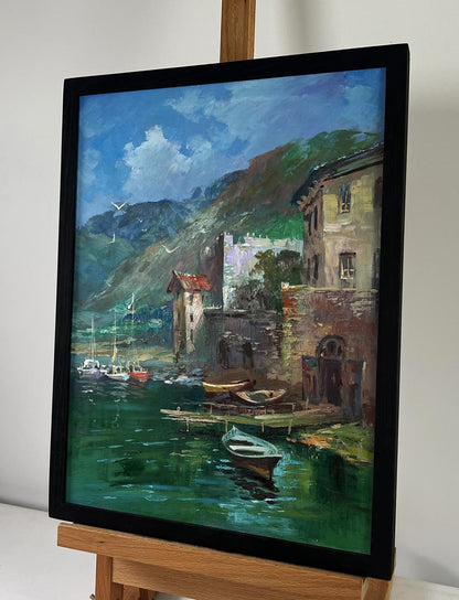 Oil painting Coast with quiet houses by Yuriy Suprunchuk, coastal village scene