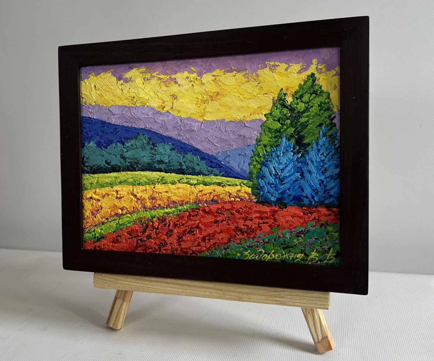 Oil painting Yellow sunset beyond the horizon by V. Zadorozhnya in black frame