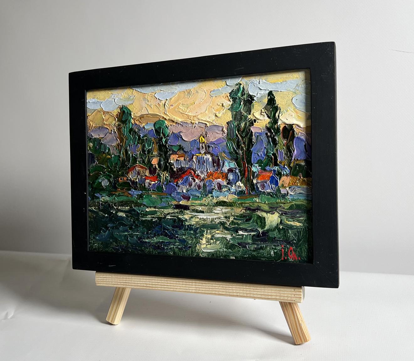 Oil painting City along the river by Oleksiy Ivanyuk in black frame
