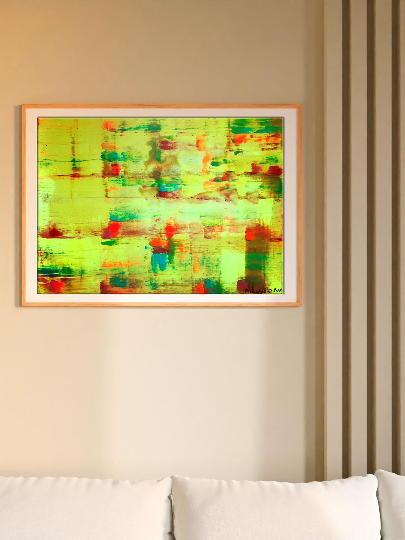 Vibrant abstract acrylic painting What Color is Yellow by Olga Melezhik in thin wooden frame