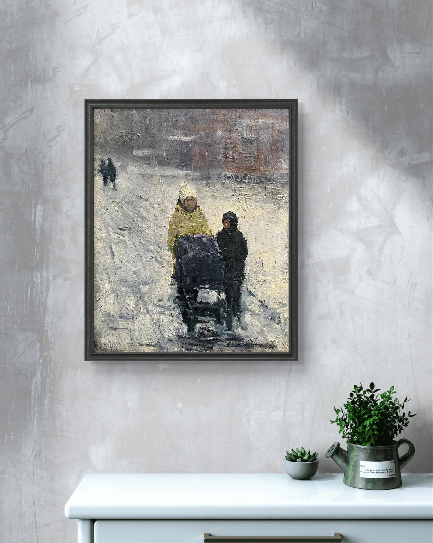 Oil painting Quiet conversation by Volodymyr Pashchenko, two figures in snowy winter scene