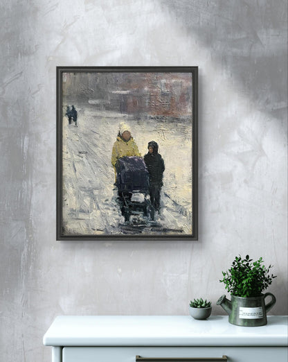 Oil painting Quiet conversation by Volodymyr Pashchenko, two figures in snowy winter scene