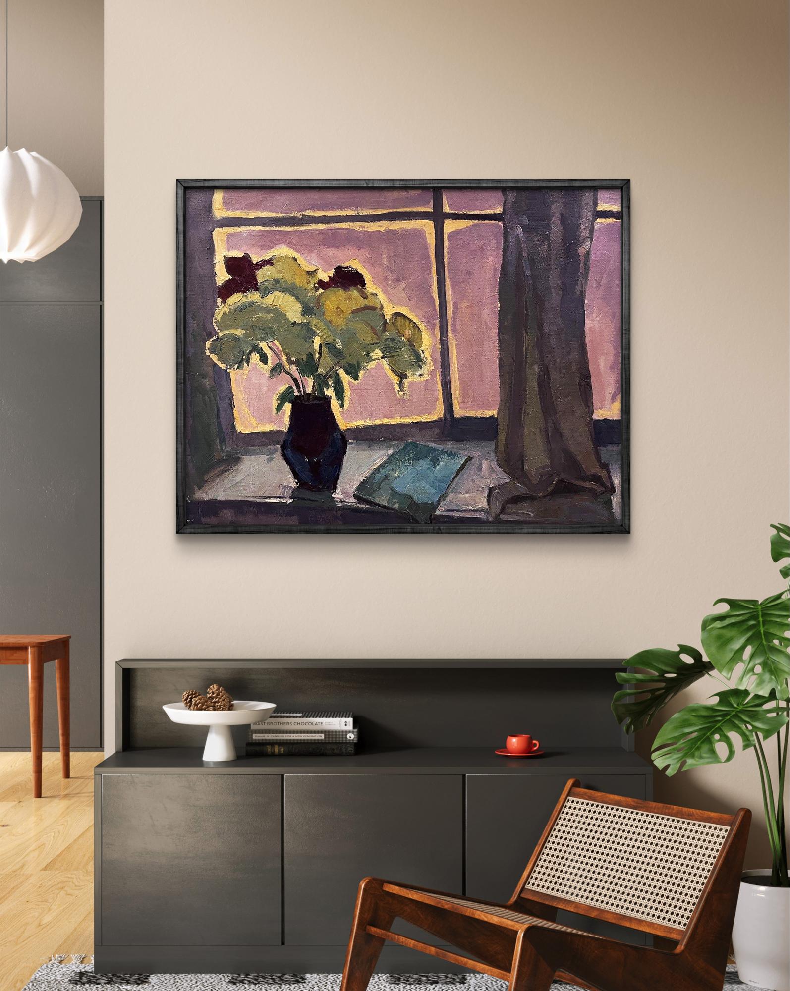 Oil painting Autumn melancholy by Oleksandr Andreev: dark blue vase with yellow green flowers