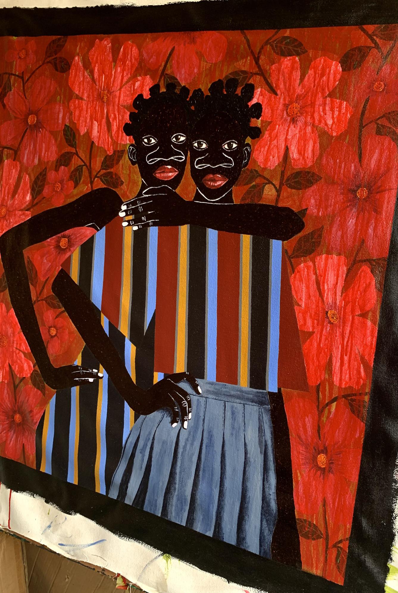 Vibrant red floral acrylic painting The Hug That Holds the World by Akintomide Akinshola