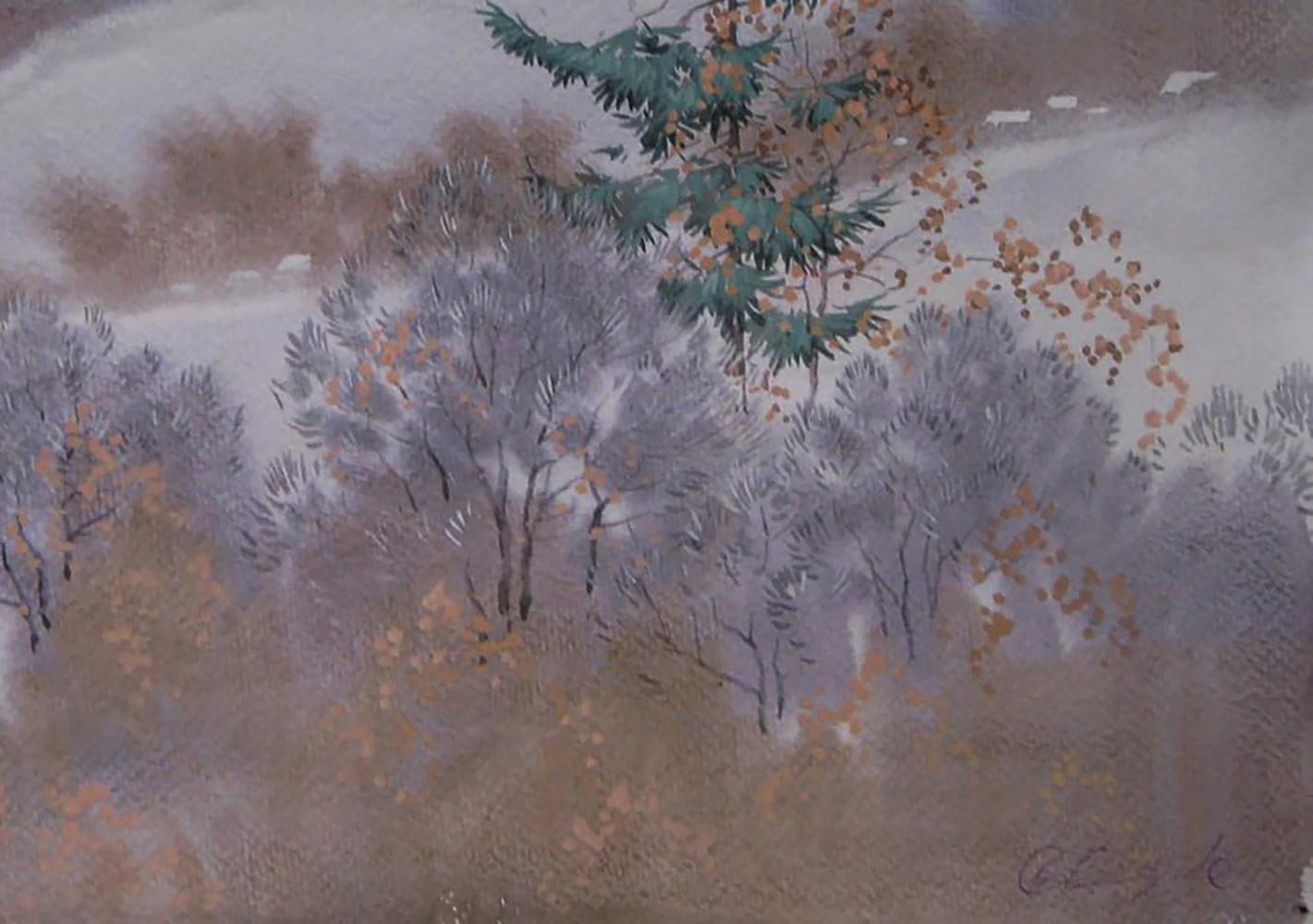 Watercolor painting of winter hills forest by Valery Savenets