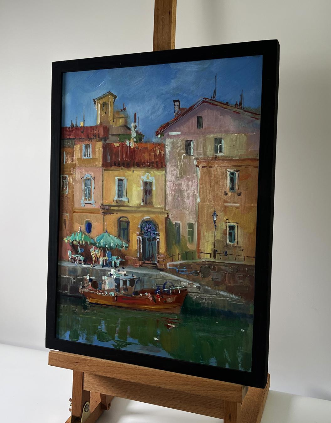 Framed Oil painting City with boats by Yuriy Suprunchuk canal scene