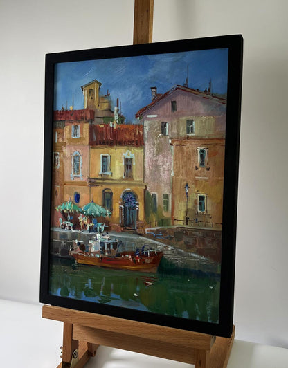 Framed Oil painting City with boats by Yuriy Suprunchuk canal scene