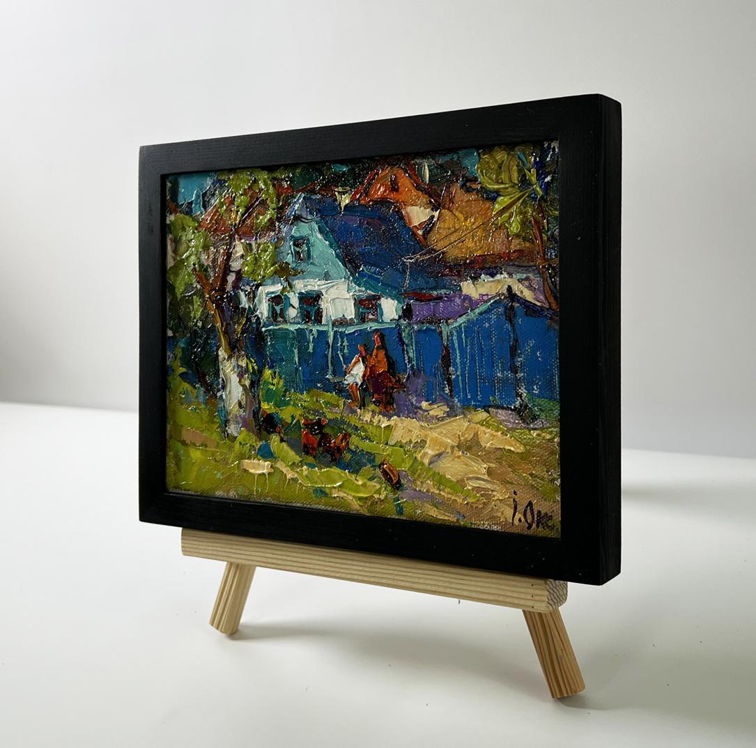 Vibrant impressionist oil painting Near the village yard by Oksana Ivanyuk in black frame
