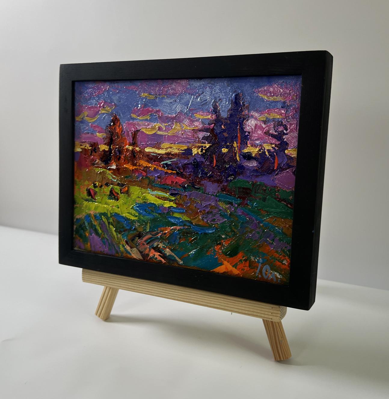 Oil painting Summer blue night by Oleksiy Ivanyuk in black frame on easel