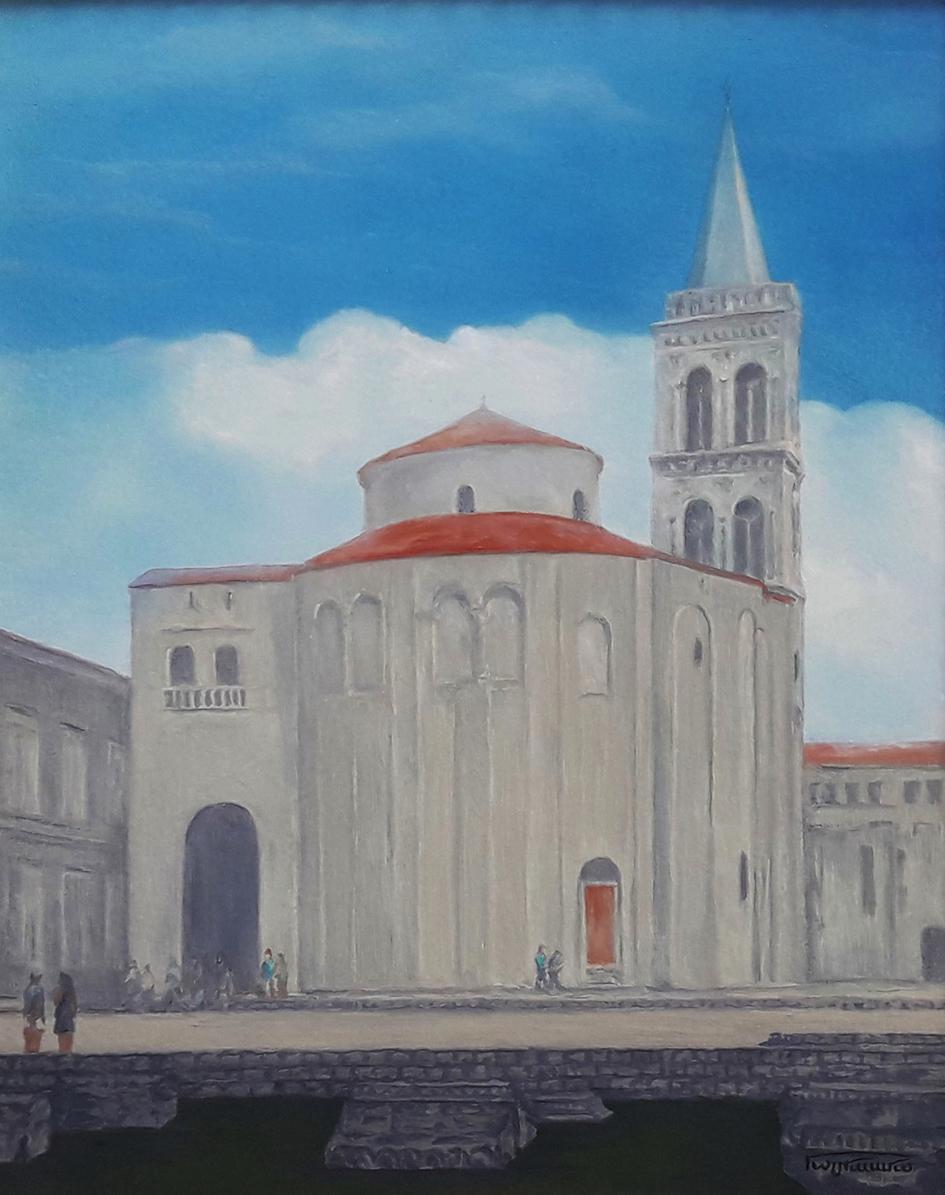 Oil painting of Church of St. Donatus by Vasily Korkishko under blue sky