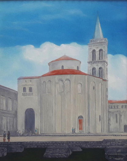 Oil painting of Church of St. Donatus by Vasily Korkishko under blue sky