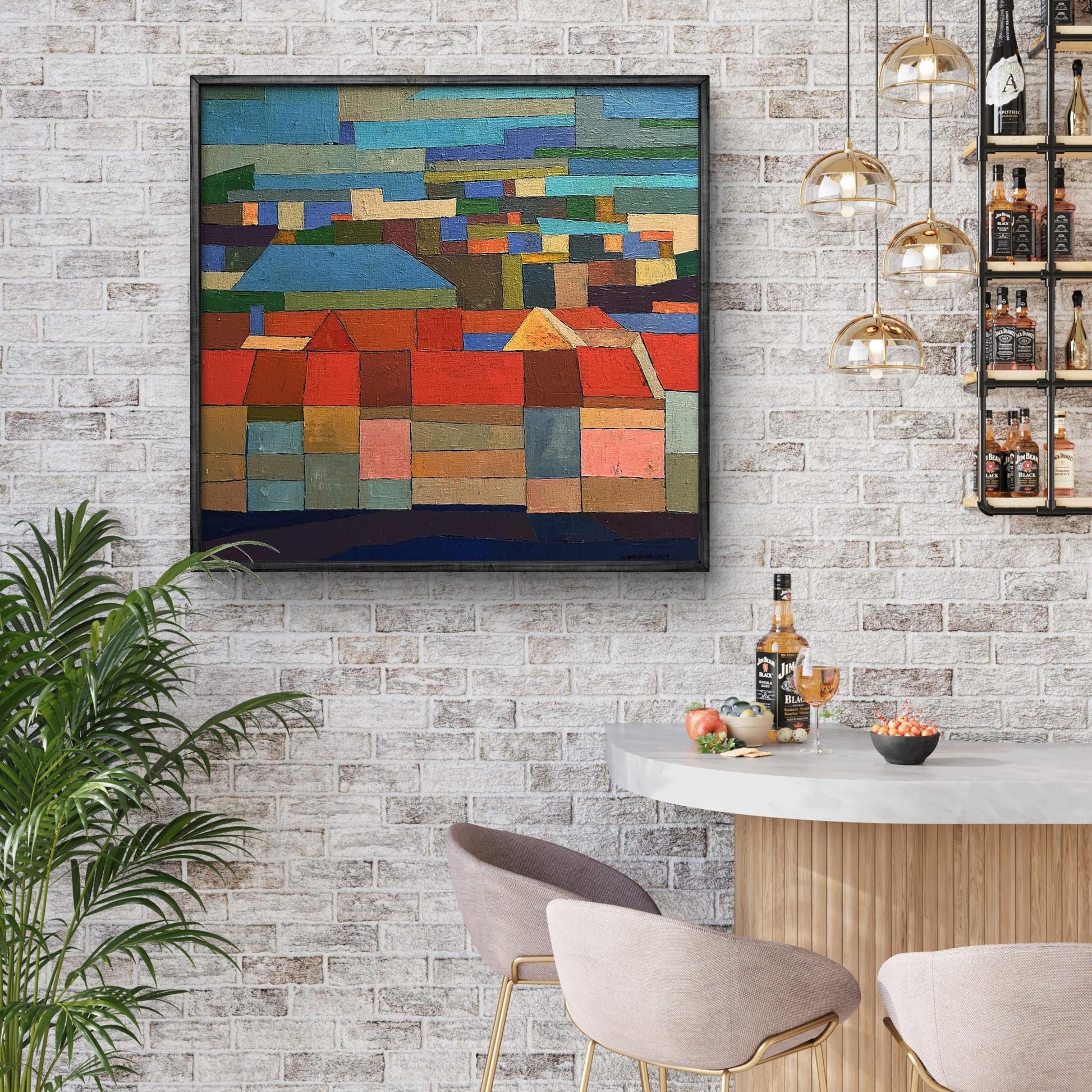 Oil painting City Hall by Serhiy Kovalev, vibrant geometric abstract in blues and reds