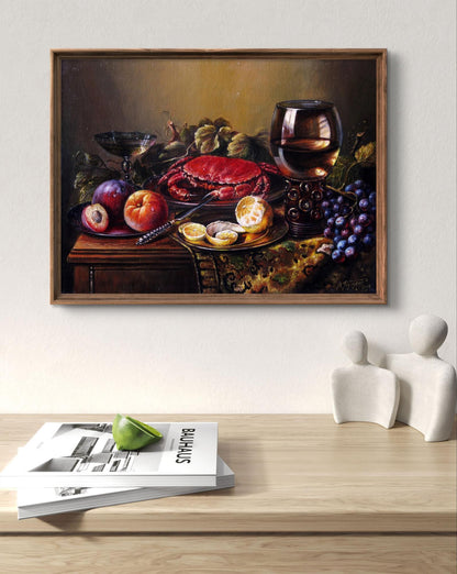 Oil painting Still life with crab by Valeriy Bulat vibrant red crab grapes