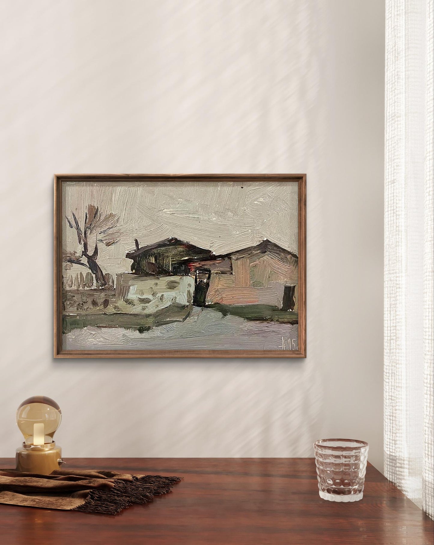 Framed oil painting City pier by Oleksandr Andreev in earth tones