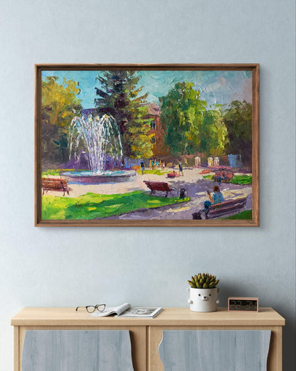 Oil painting City park with fountain by Boris Serdyuk, vibrant park scene