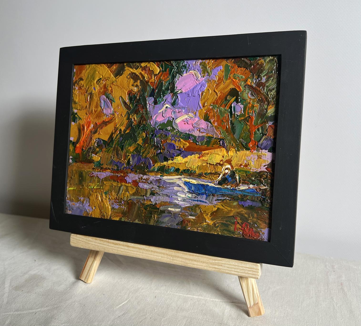 Oil painting Solitude in Nature by Oleksiy Ivanyuk, blue boat scene