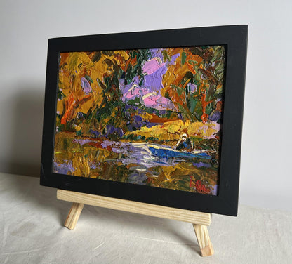 Oil painting Solitude in Nature by Oleksiy Ivanyuk, blue boat scene