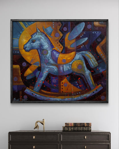 Vibrant oil painting of blue rocking horse by Sergiy Voichenko
