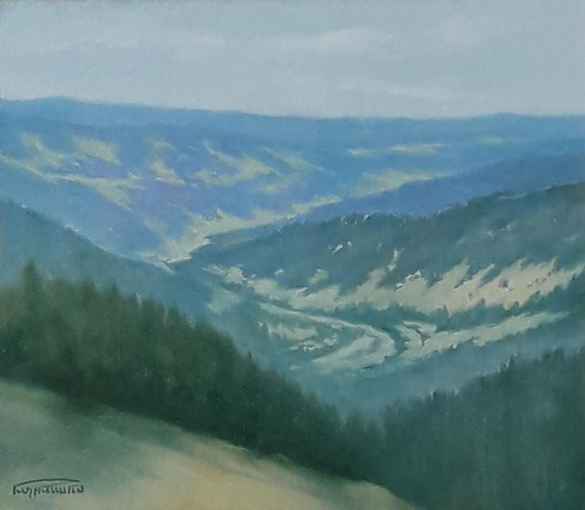 Oil painting of forested mountains by Vasily Korkishko, serene green hills