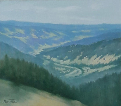 Oil painting of forested mountains by Vasily Korkishko, serene green hills