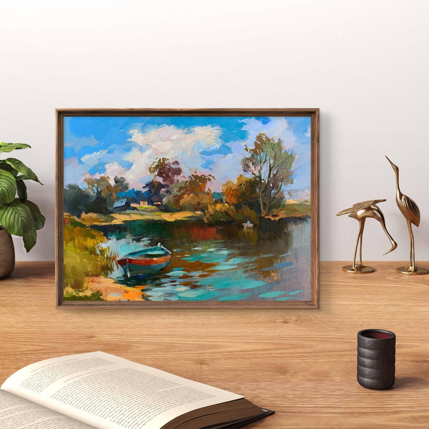 Framed impressionist oil painting of serene river fishing scene by Yuriy Suprunchuk