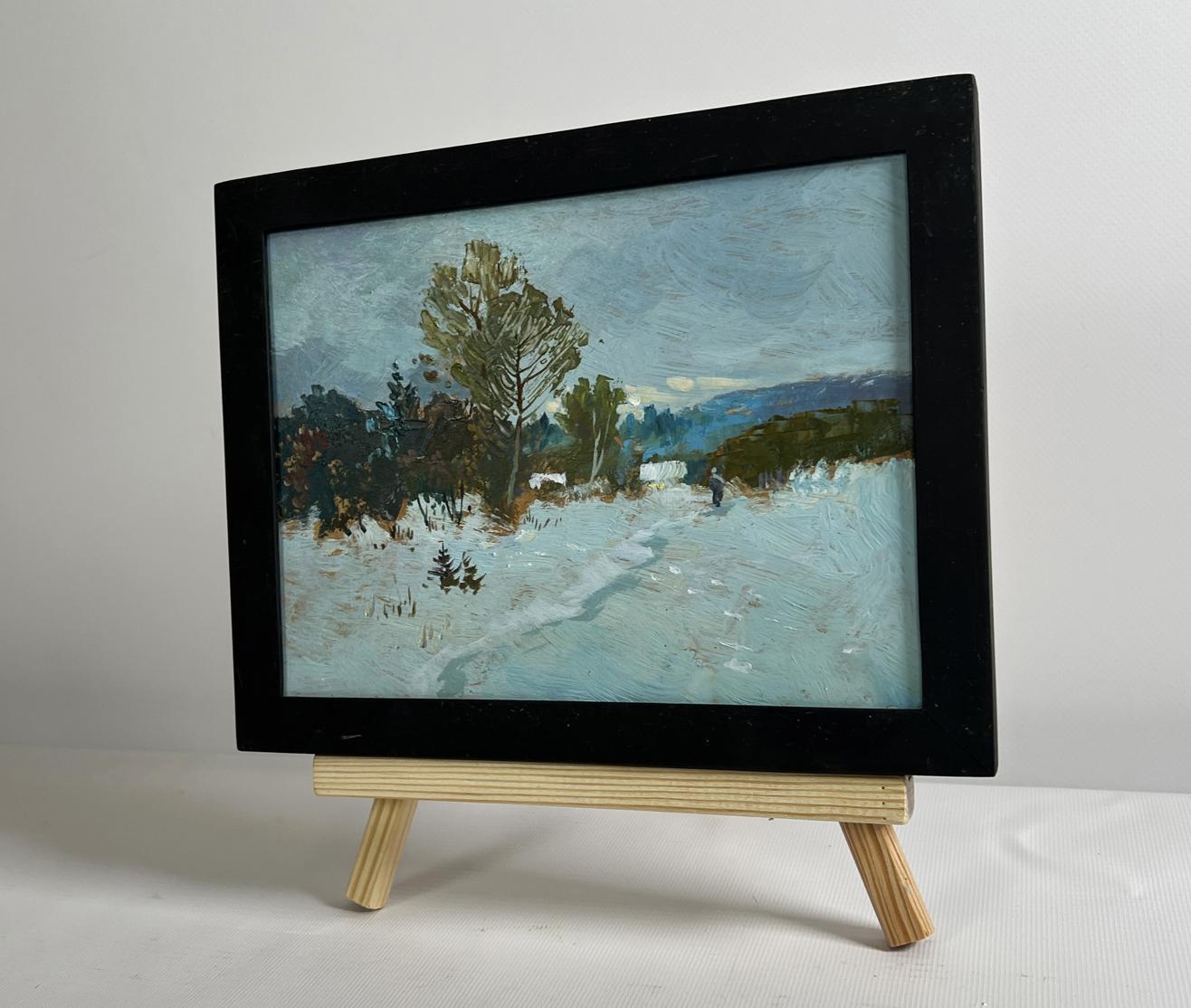 Oil painting Winter twilight by Yuriy Suprunchuk: snowy trees and path