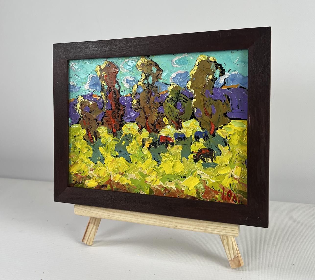 Oil painting The breeze brings peace by Oleksiy Ivanyuk, yellow flowers field in frame