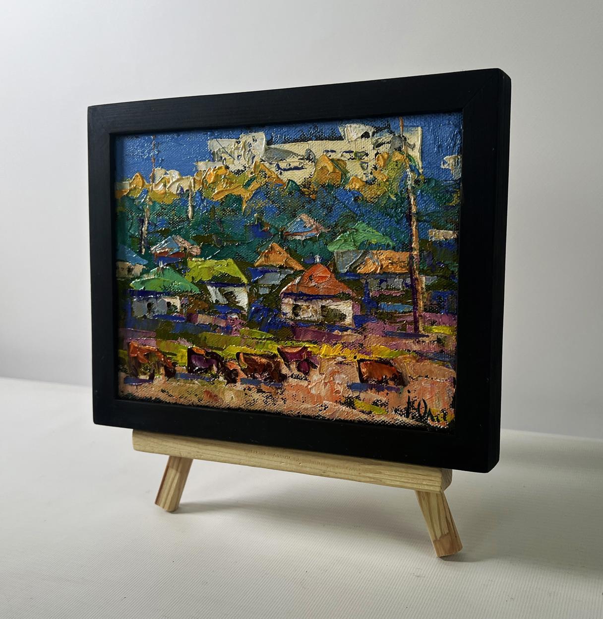 Oil painting Spring Silence Above the Pond by Oleksiy Ivanyuk in black frame on easel