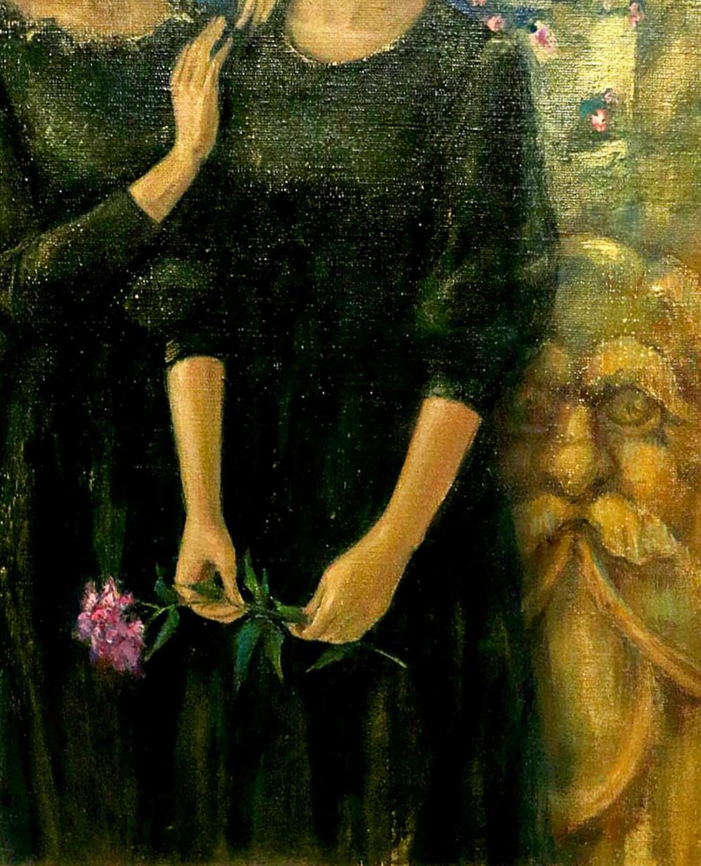 Oil painting of girl in greenhouse with pink flower by Oksana Osnach