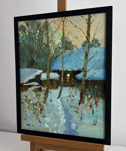 Oil painting Enjoying the winter sunset by Yuriy Suprunchuk with snowy trees and lit cabin