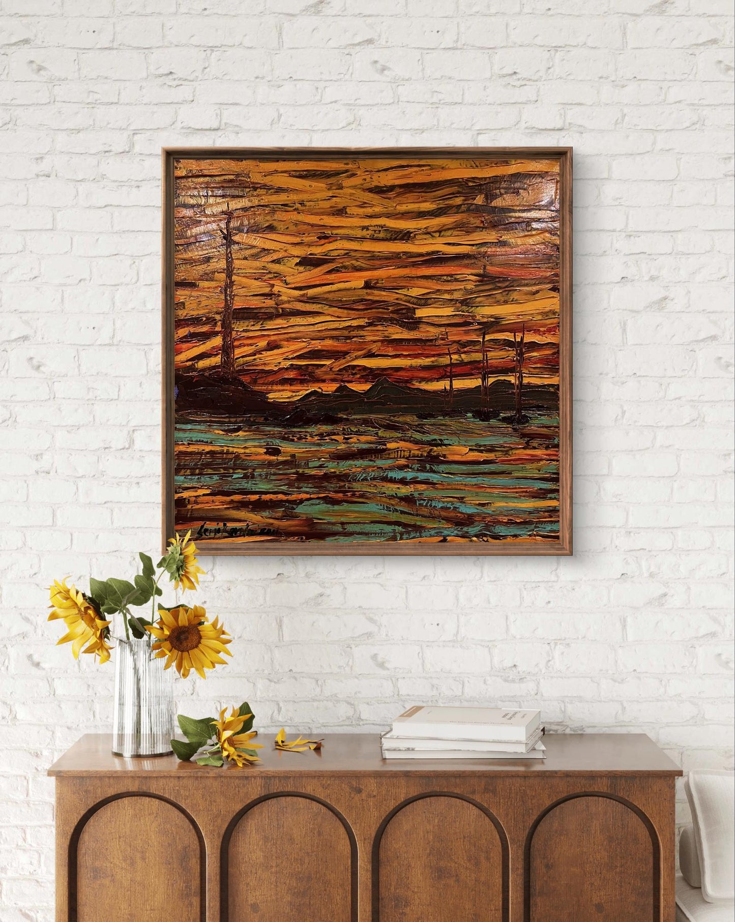Oil painting Reflexo by Serhiy Kovalev, abstract orange landscape on white brick wall