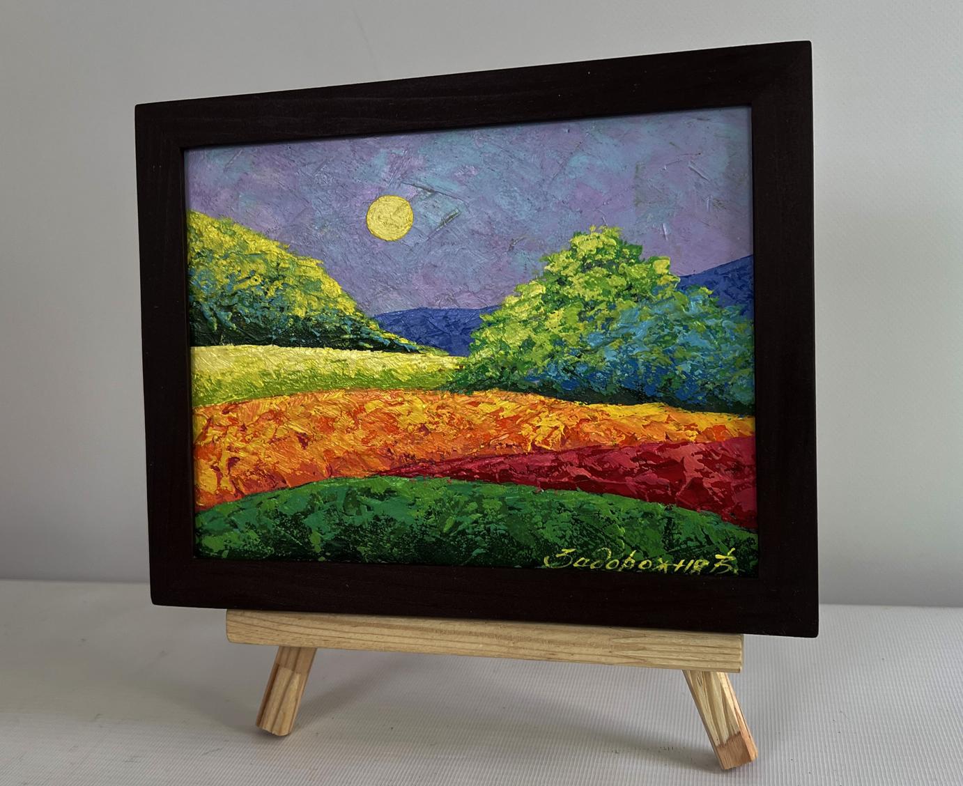 Oil painting Harmony of Nature V. Zadorozhnya: orange fields, purple sky, yellow moon in dark frame