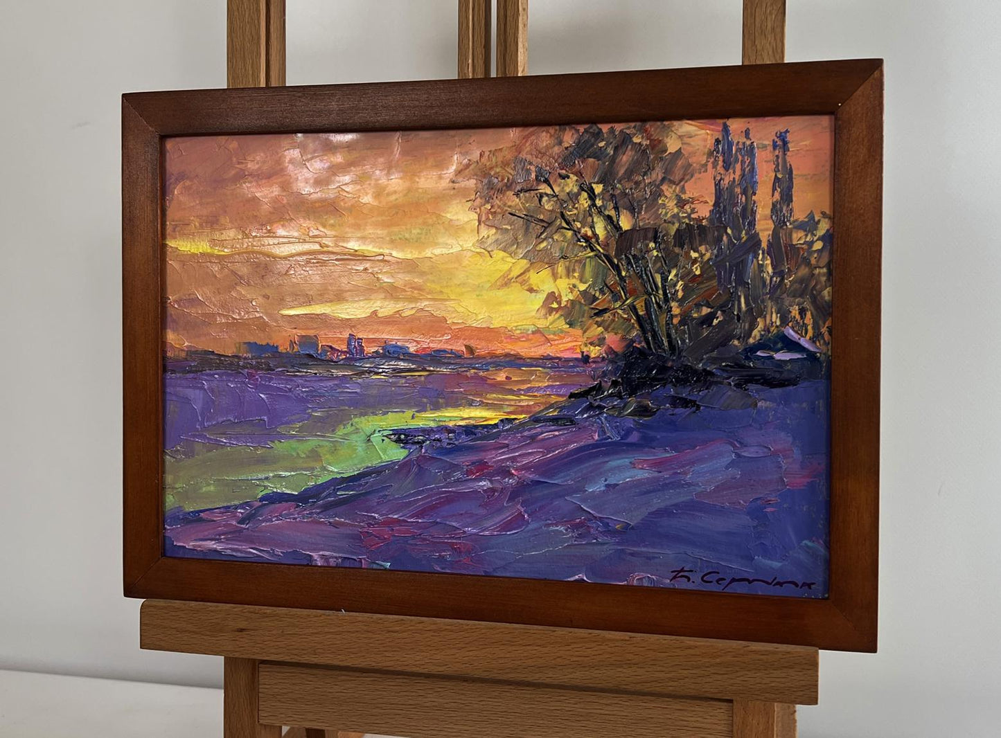 Oil painting The winter morning begins by Boris Serdyuk in wooden frame