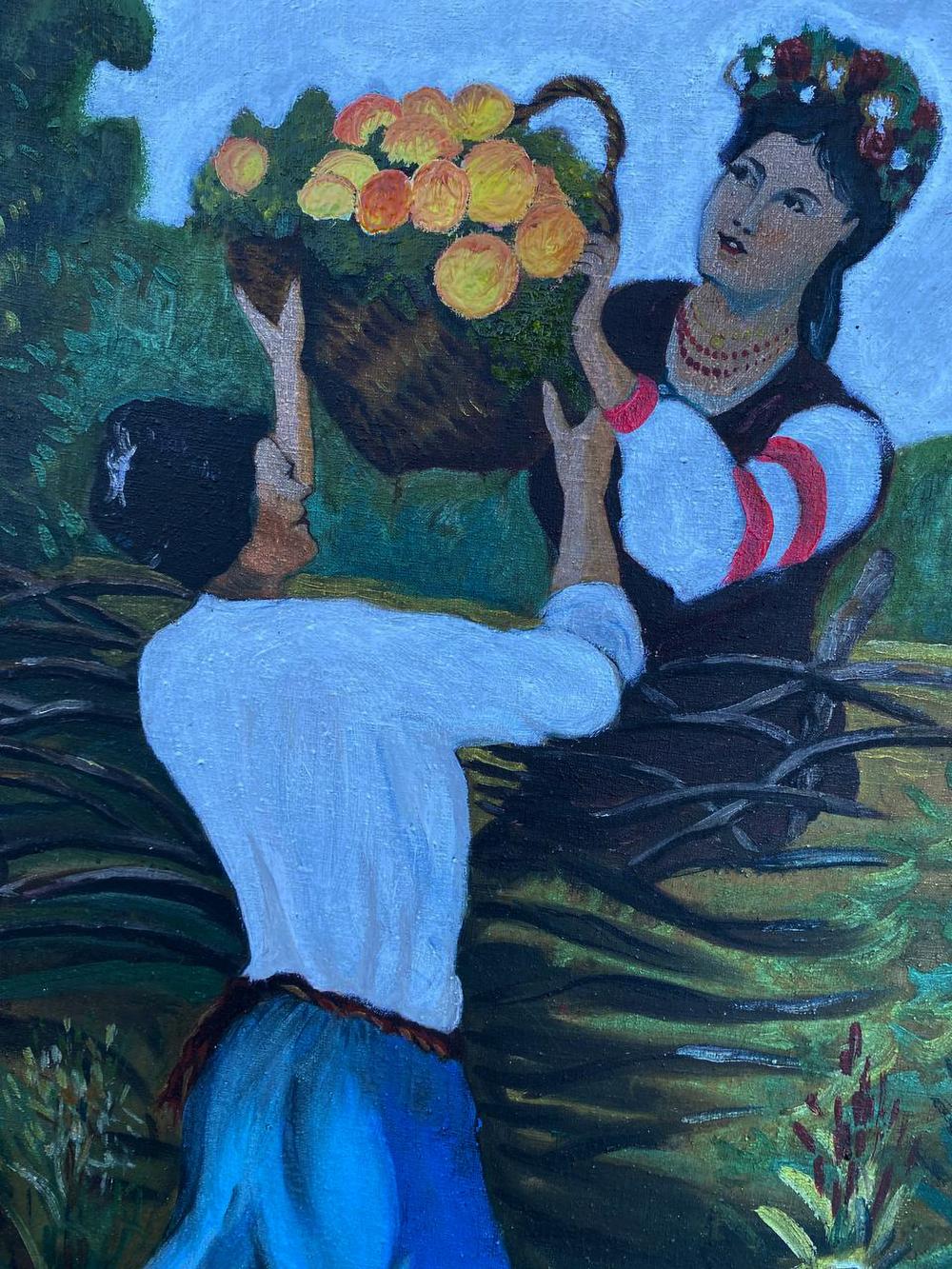 Oil painting of girl and Cossack: woman in striped dress holds basket of yellow fruit